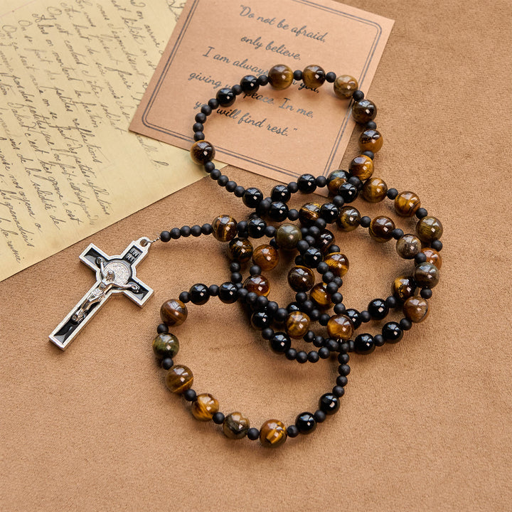 Christianartworkshop Chapelet en perles d'œil de tigre de 10 mm avec crucifix en émail noir : Embrassez la sacralité de la nature - image 2