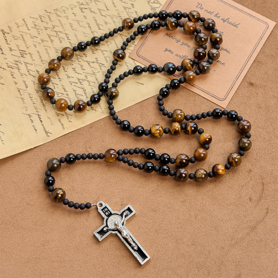 Christianartworkshop Chapelet en perles d'œil de tigre de 10 mm avec crucifix en émail noir : Embrassez la sacralité de la nature - Pierre œil de tigre - image 0