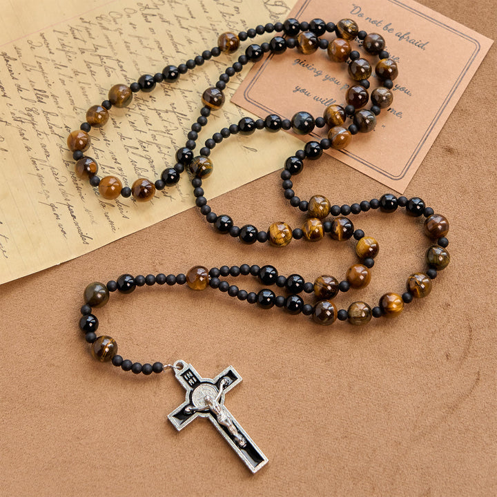 Christianartworkshop Chapelet en perles d'œil de tigre de 10 mm avec crucifix en émail noir : Embrassez la sacralité de la nature - Pierre œil de tigre - image 0