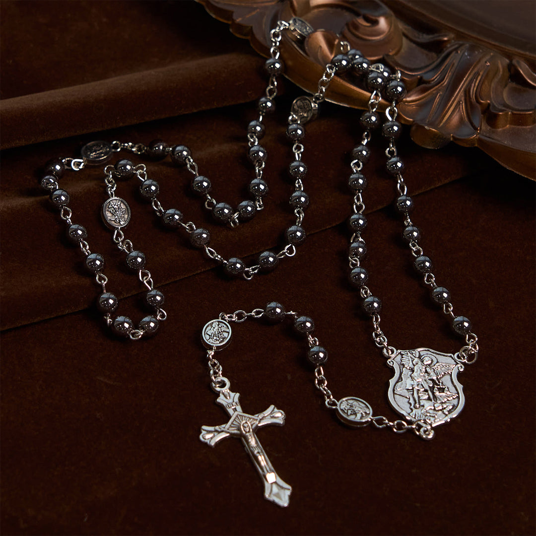 Christianartworkshop Chapelet sacré en perles noires brillantes avec pendentif et crucifix de saint Michel Archange - image 2