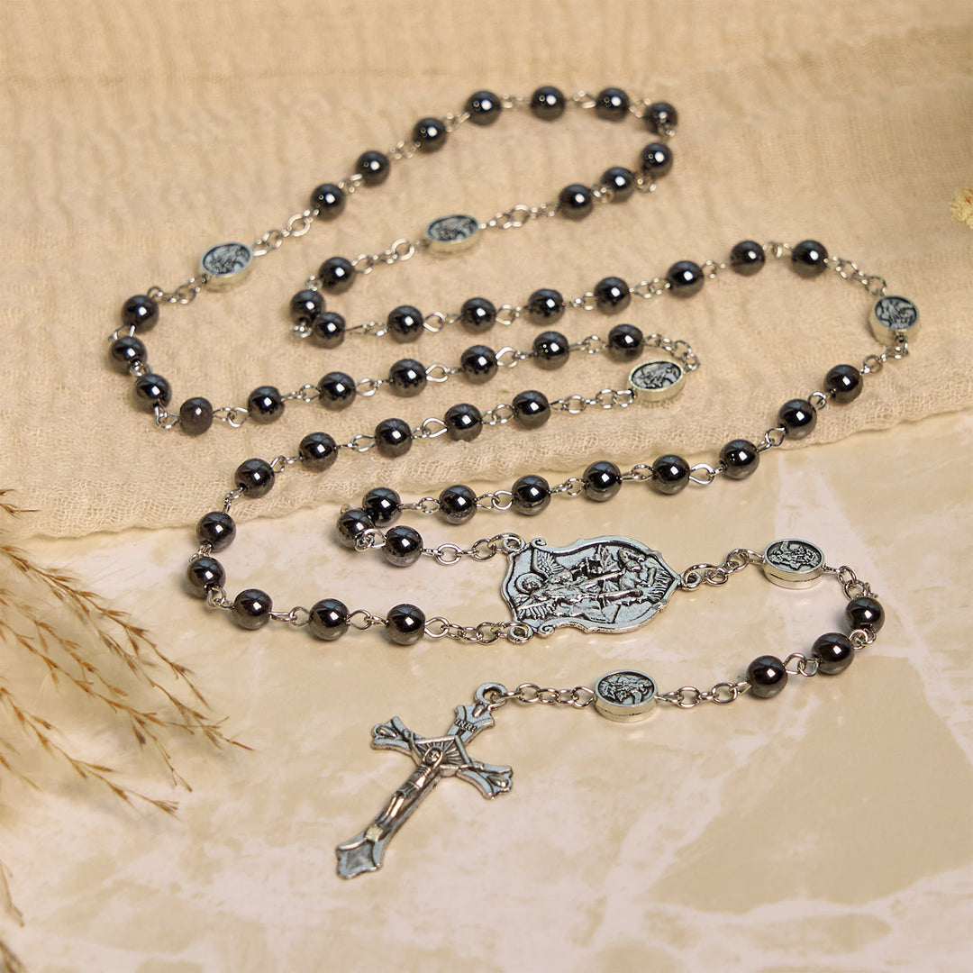 Christianartworkshop Chapelet sacré en perles noires brillantes avec pendentif et crucifix de saint Michel Archange - image 4