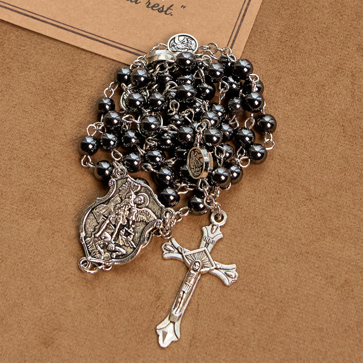 Christianartworkshop Chapelet sacré en perles noires brillantes avec pendentif et crucifix de saint Michel Archange - image 3