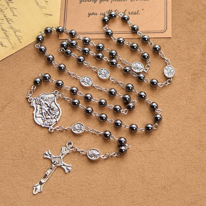 Christianartworkshop Chapelet sacré en perles noires brillantes avec pendentif et crucifix de saint Michel Archange - image 1