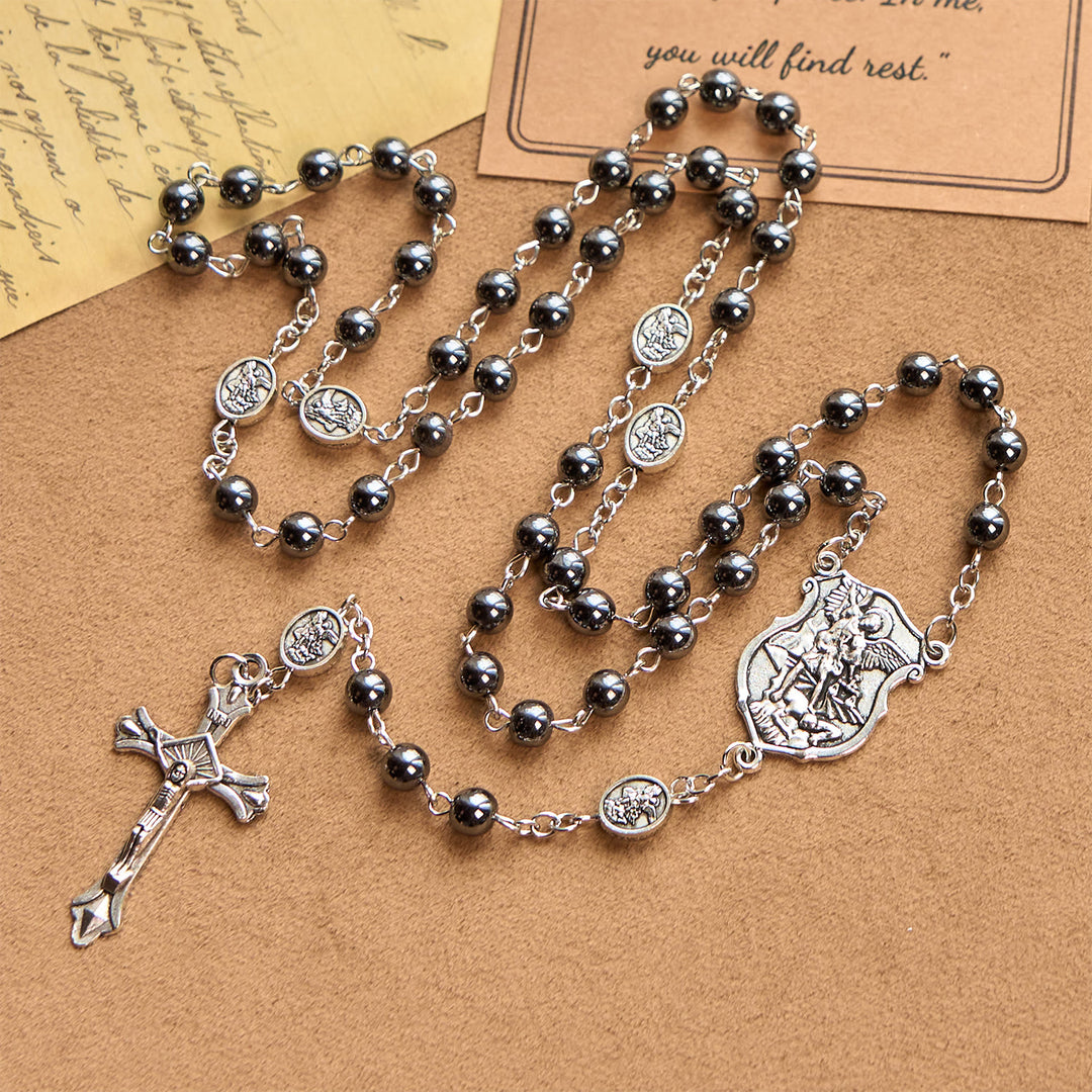 Christianartworkshop Chapelet sacré en perles noires brillantes avec pendentif et crucifix de saint Michel Archange - image 0
