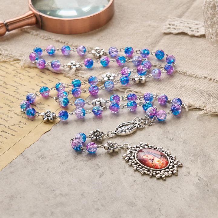 Christianartworkshop Chapelet des Sept Douleurs de 8 mm de diamètre, dégradé bleu-violet, orné de motifs floraux et d'un pendentif sculpté représentant Notre-Dame des Douleurs. - image 6