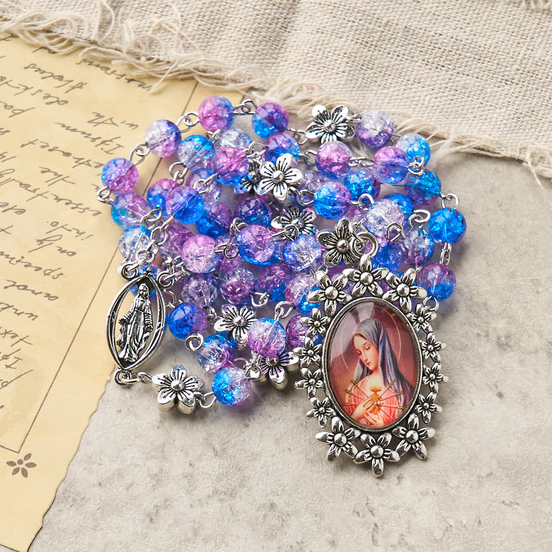 Christianartworkshop Chapelet des Sept Douleurs de 8 mm de diamètre, dégradé bleu-violet, orné de motifs floraux et d'un pendentif sculpté représentant Notre-Dame des Douleurs. - image 7