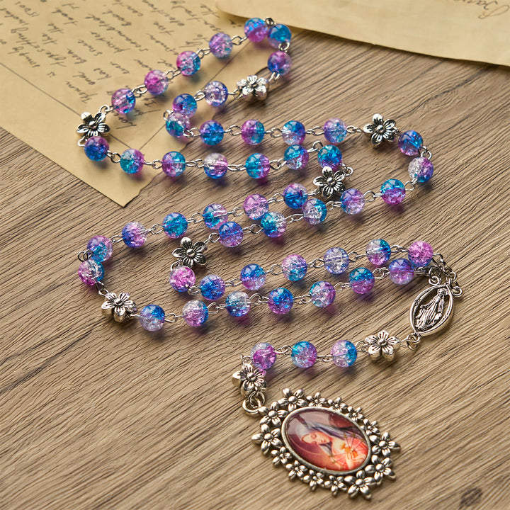 Christianartworkshop Chapelet des Sept Douleurs de 8 mm de diamètre, dégradé bleu-violet, orné de motifs floraux et d'un pendentif sculpté représentant Notre-Dame des Douleurs. - Chapelet des Sept Douleurs - image 0