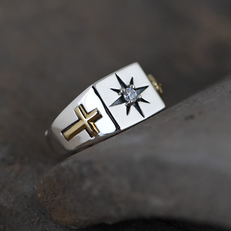 Bague vintage ajustable en argent sterling 925 à motif cubique blanc, ornée d'une croix et de la Vierge Marie, signée Christianartworkshop - image 1
