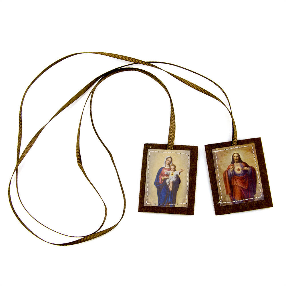 Atelier d'art chrétien Scapulaire en laine brune bénite du Sacré-Cœur de Jésus et de la Vierge Marie - image 1