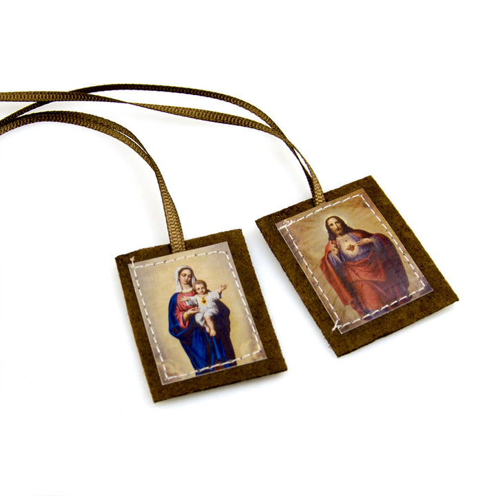 Atelier d'art chrétien Scapulaire en laine brune bénite du Sacré-Cœur de Jésus et de la Vierge Marie - image 2