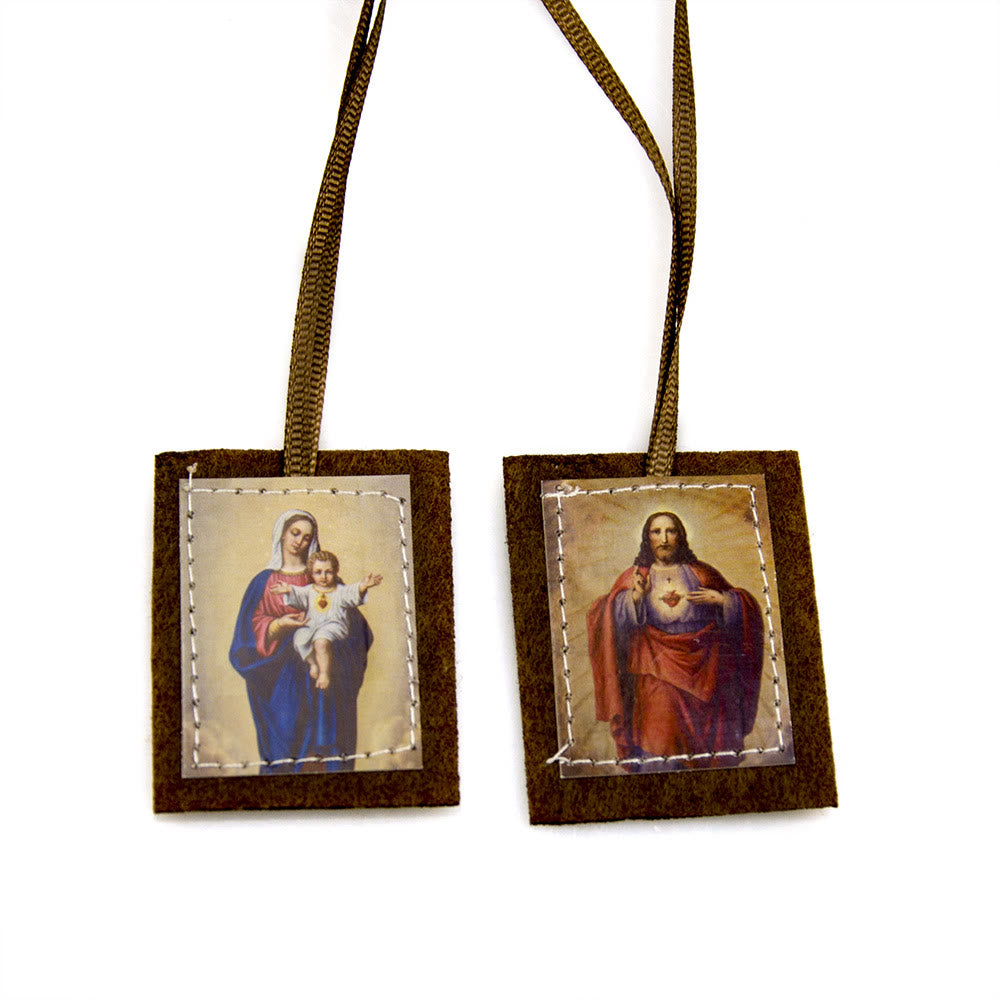 Atelier d'art chrétien Scapulaire en laine brune bénite du Sacré-Cœur de Jésus et de la Vierge Marie - Scapulaire - image 0