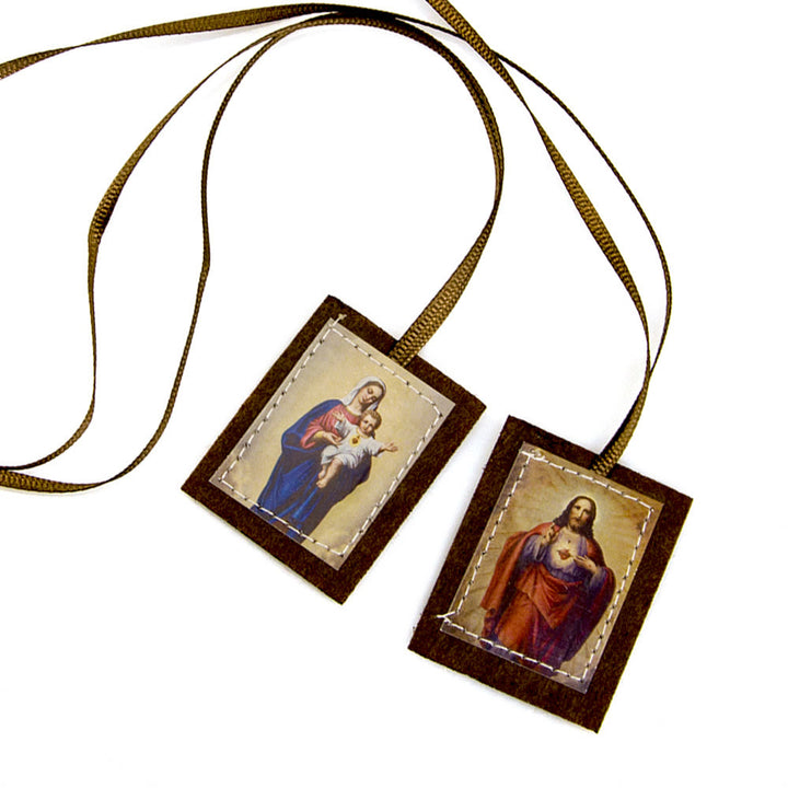 Atelier d'art chrétien Scapulaire en laine brune bénite du Sacré-Cœur de Jésus et de la Vierge Marie - image 3