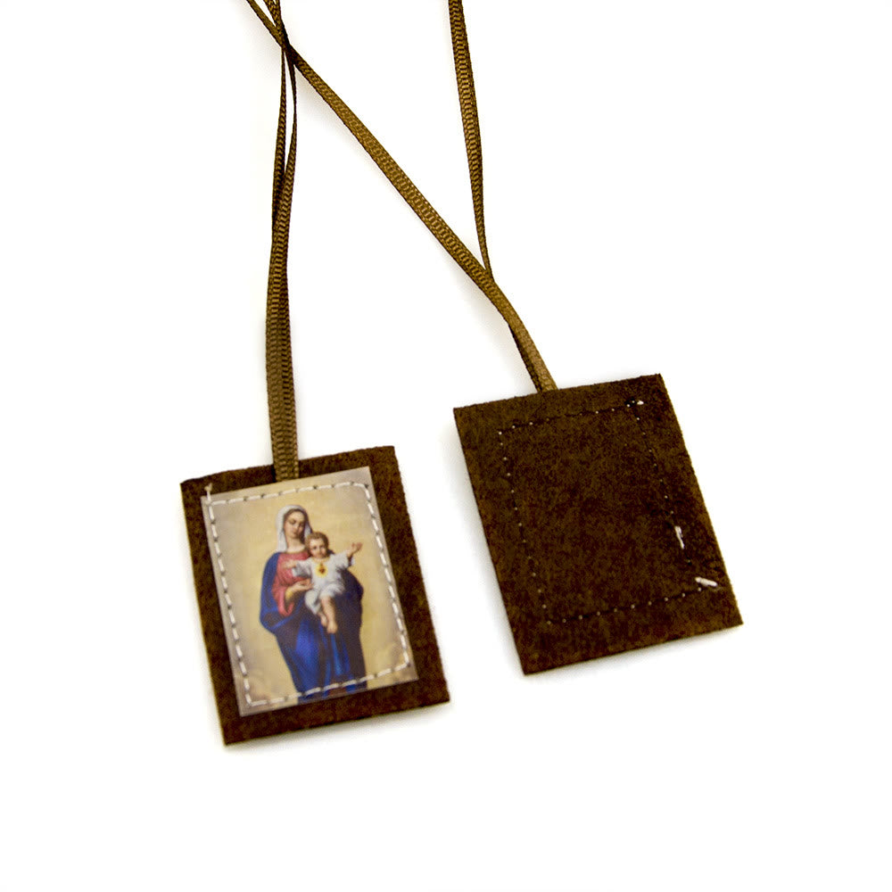 Atelier d'art chrétien Scapulaire en laine brune bénite du Sacré-Cœur de Jésus et de la Vierge Marie - image 4