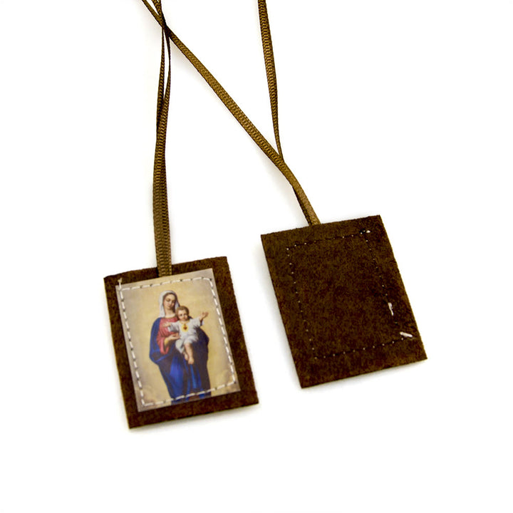Atelier d'art chrétien Scapulaire en laine brune bénite du Sacré-Cœur de Jésus et de la Vierge Marie - image 4