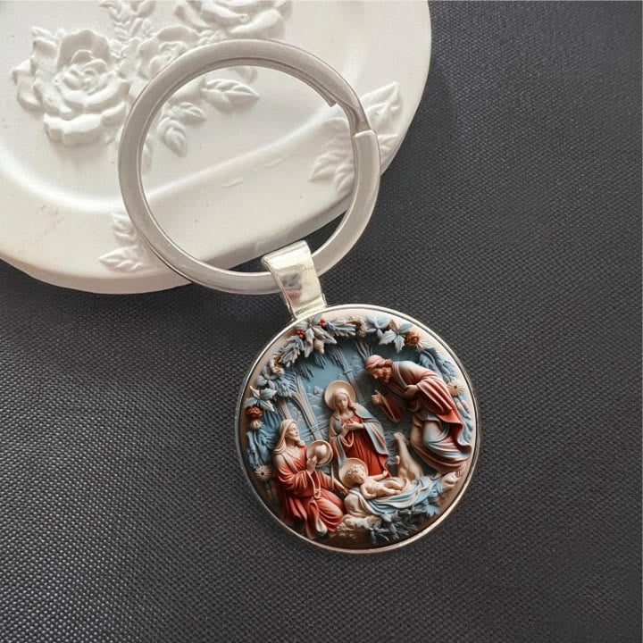 Christianartworkshop Porte-clés scène de la Nativité aux tons Morandi empreints de spiritualité : symbole profond d’un subtil renouveau spirituel - image 1