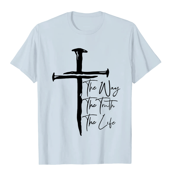 T-shirt unisexe Christianartworkshop - Croix noire inspirée par la foi : Le chemin, la vérité, la vie - Bleu clair - 2XL - image 6
