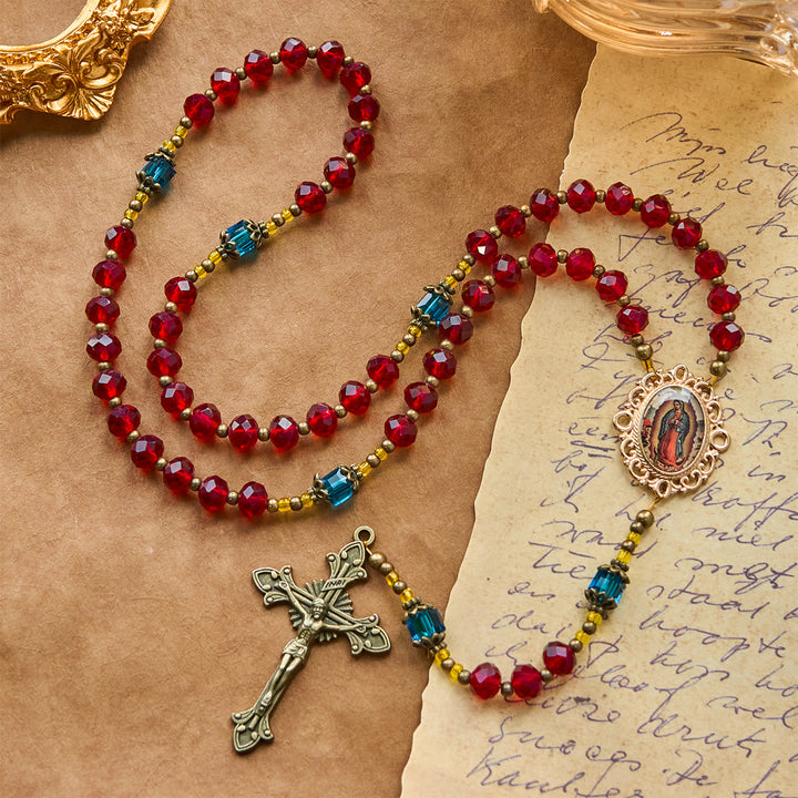 Christianartworkshop Crucifix Notre-Dame de Guadalupe en cristal rouge fait main, verre de Bohême tchèque - image 3