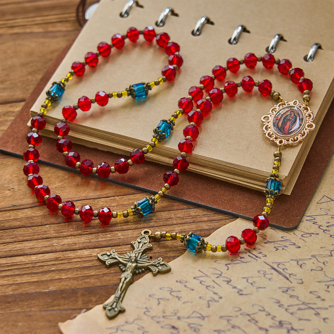 Christianartworkshop Crucifix Notre-Dame de Guadalupe en cristal rouge fait main, verre de Bohême tchèque - image 2