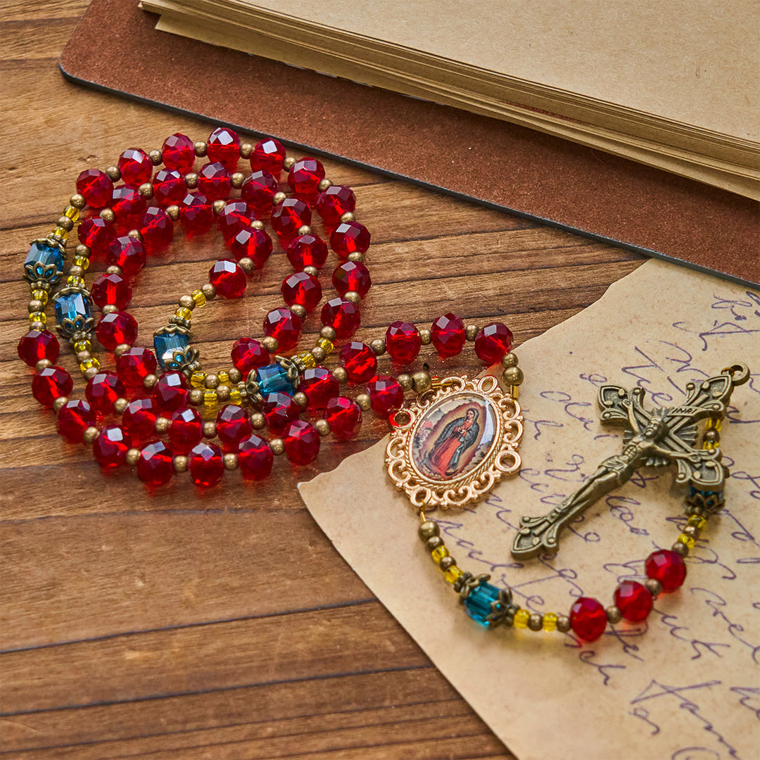 Christianartworkshop Crucifix Notre-Dame de Guadalupe en cristal rouge fait main, verre de Bohême tchèque - image 8