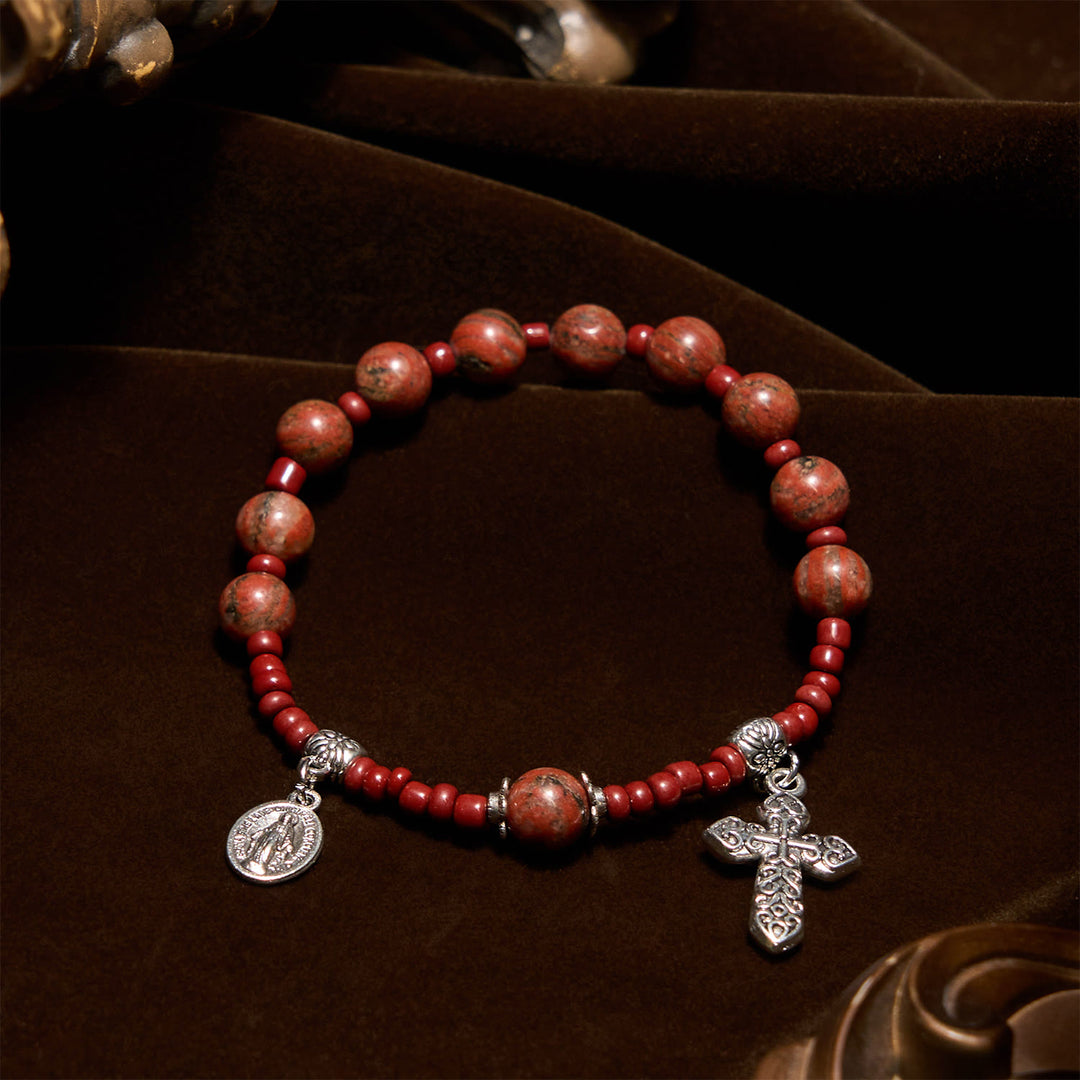 Bracelet chapelet Christianartworkshop en pierre de sésame rouge de 8 mm, orné d'une dizaine, d'une médaille miraculeuse et d'une croix. - Pierre de sésame rouge - image 0