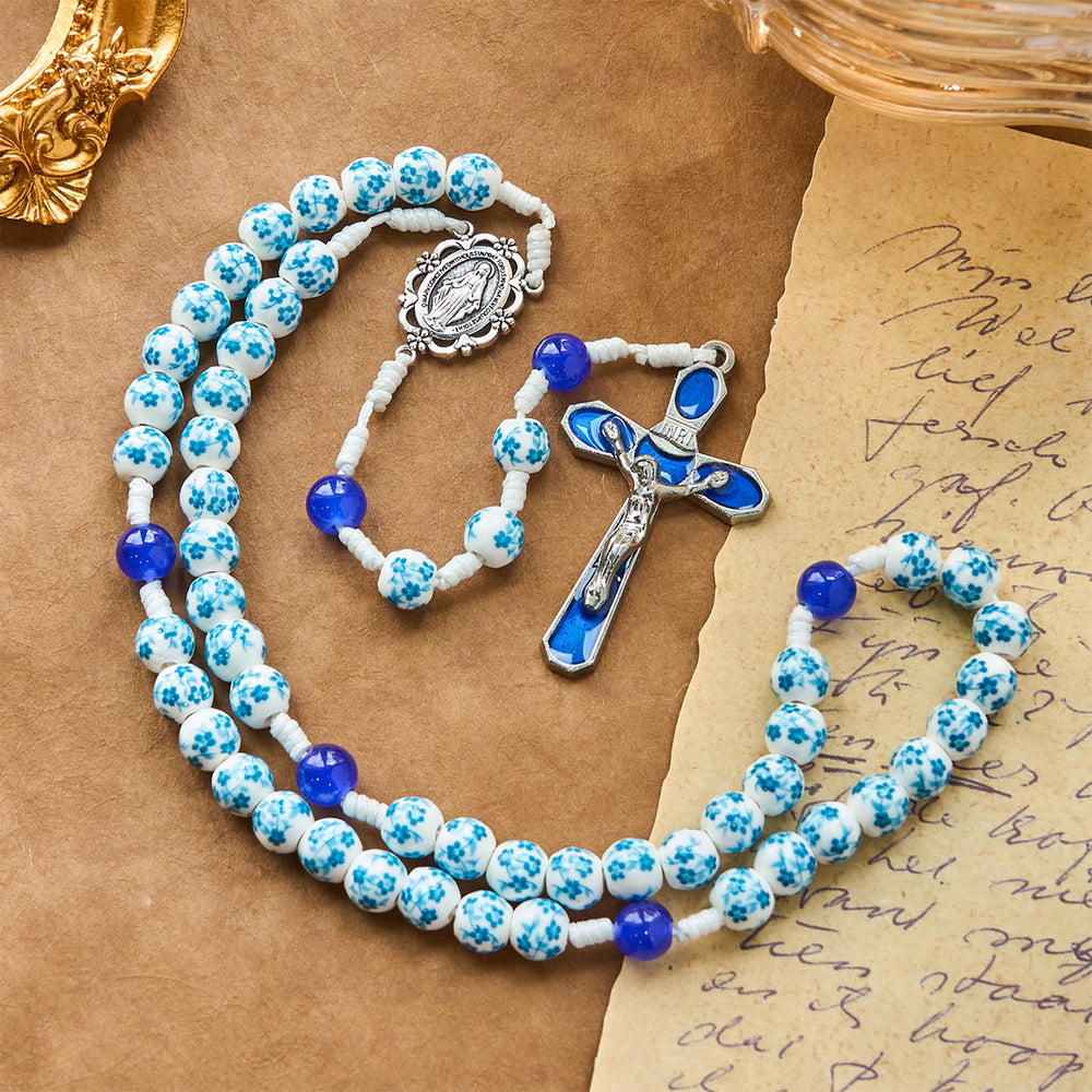 Christianartworkshop Chapelet à motif de fleurs bleues avec médaille miraculeuse et crucifix - image 1