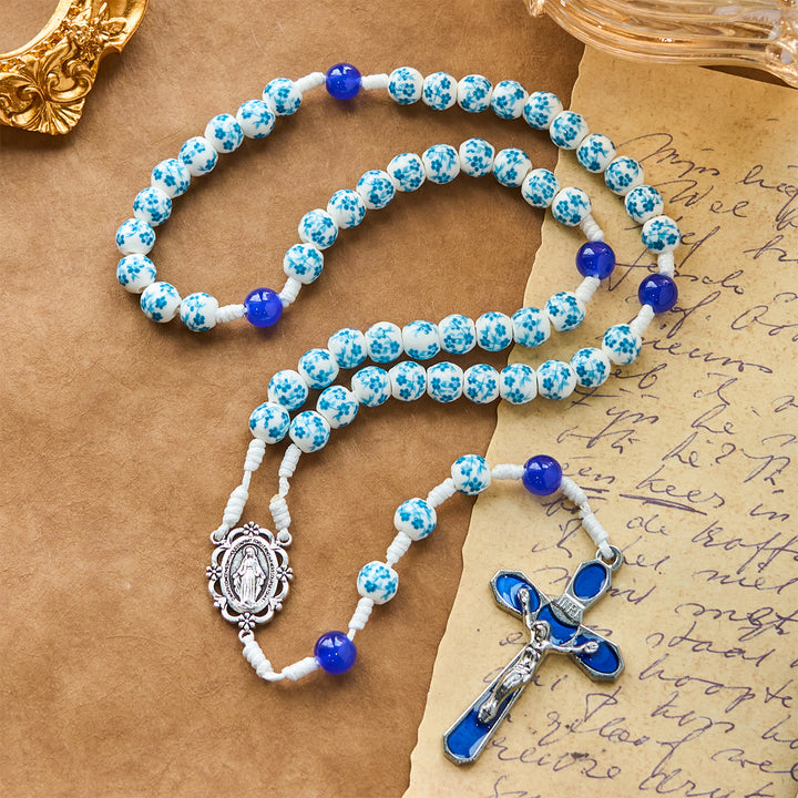 Christianartworkshop Chapelet à motif de fleurs bleues avec médaille miraculeuse et crucifix - Médaille miraculeuse et crucifix - image 0