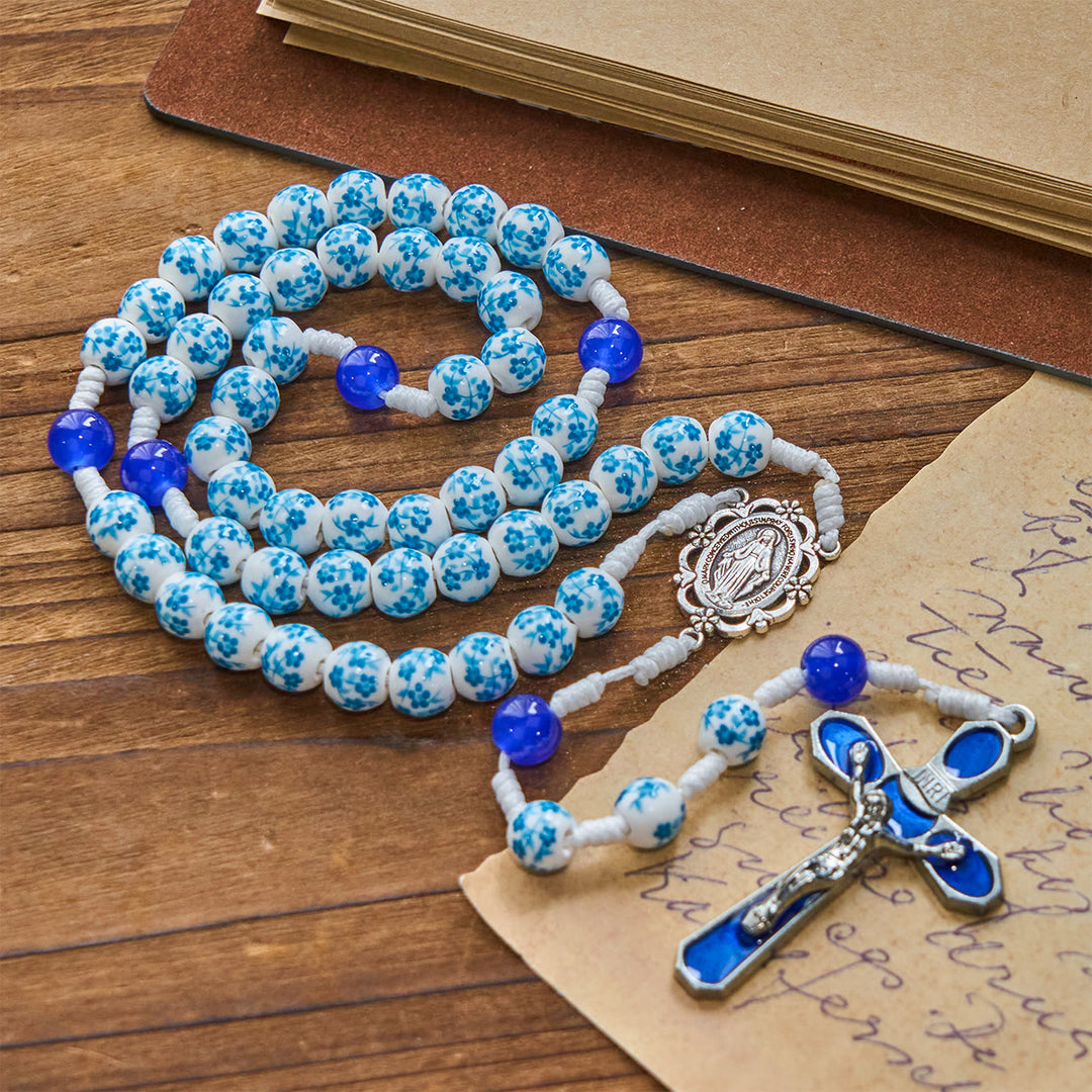 Christianartworkshop Chapelet à motif de fleurs bleues avec médaille miraculeuse et crucifix - image 3