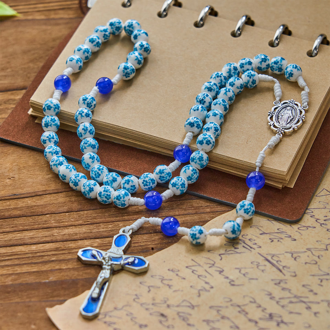 Christianartworkshop Chapelet à motif de fleurs bleues avec médaille miraculeuse et crucifix - image 2
