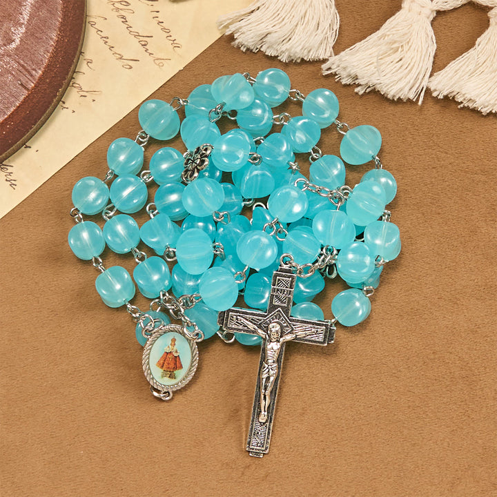 Christianartworkshop Chapelet en alliage rose, perles cubiques bleues, avec icône de la Vierge et crucifix - image 1
