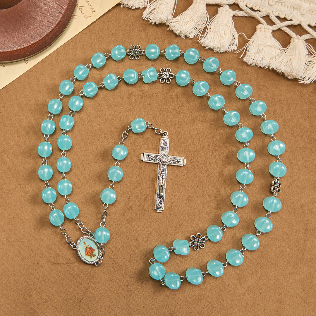 Christianartworkshop Chapelet en alliage rose, perles cubiques bleues, avec icône de la Vierge et crucifix - Crucifix et rose - image 0