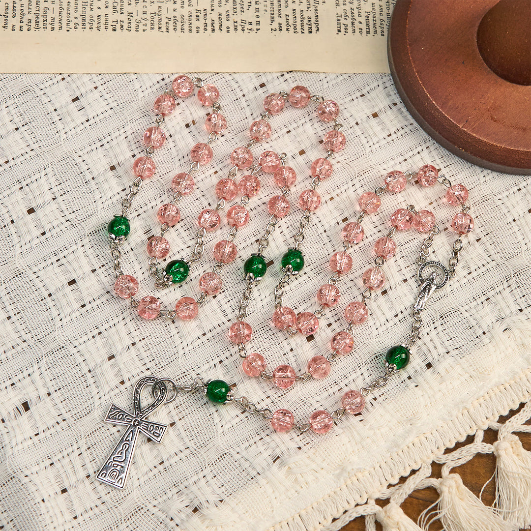 Christianartworkshop Chapelet inclusif en perles de verre rose transparent scintillant, chaîne en alliage, avec croix Notre-Dame et Ankh - Crucifix et Notre-Dame - image 0