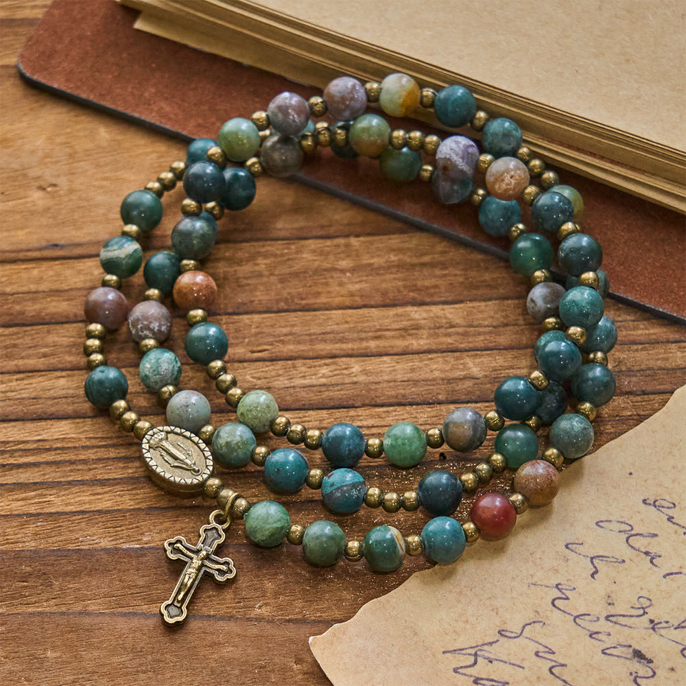 Christianartworkshop Chapelet et bracelet en perles rondes multicolores aux tons naturels, orné d'une médaille miraculeuse et d'un crucifix en bronze. - image 1