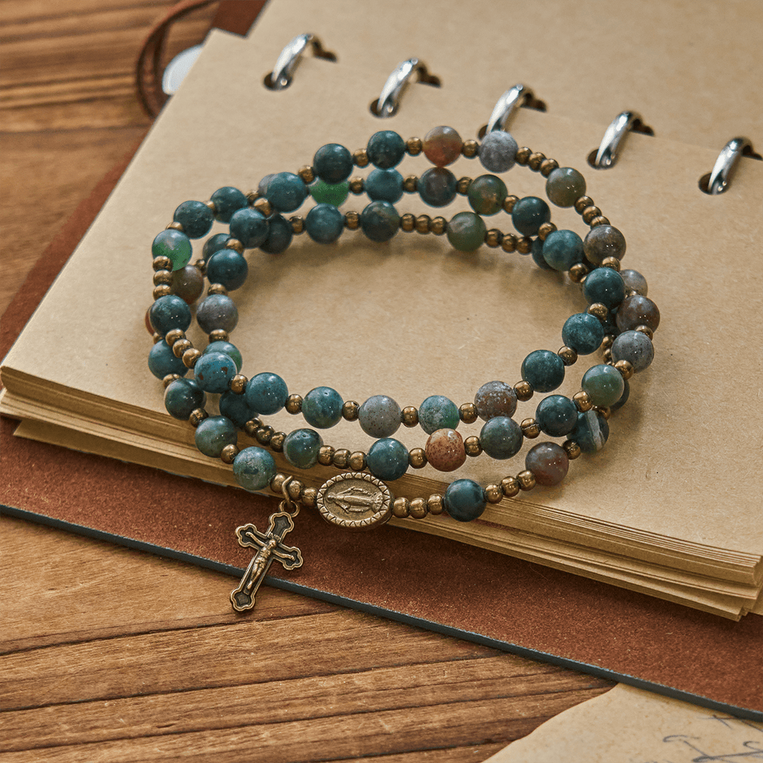 Christianartworkshop Chapelet et bracelet en perles rondes multicolores aux tons naturels, orné d'une médaille miraculeuse et d'un crucifix en bronze. - Multicolore - image 0