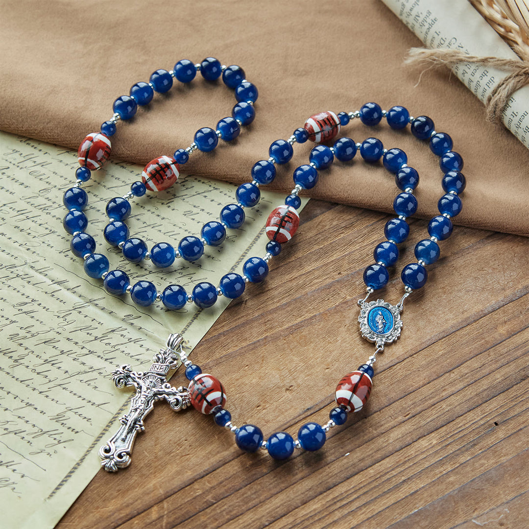 Christianartworkshop Chapelet de prière pour le football, perles bleu foncé, médaille miraculeuse et crucifix : unissez foi et sport - Prière pour les sportifs - image 0