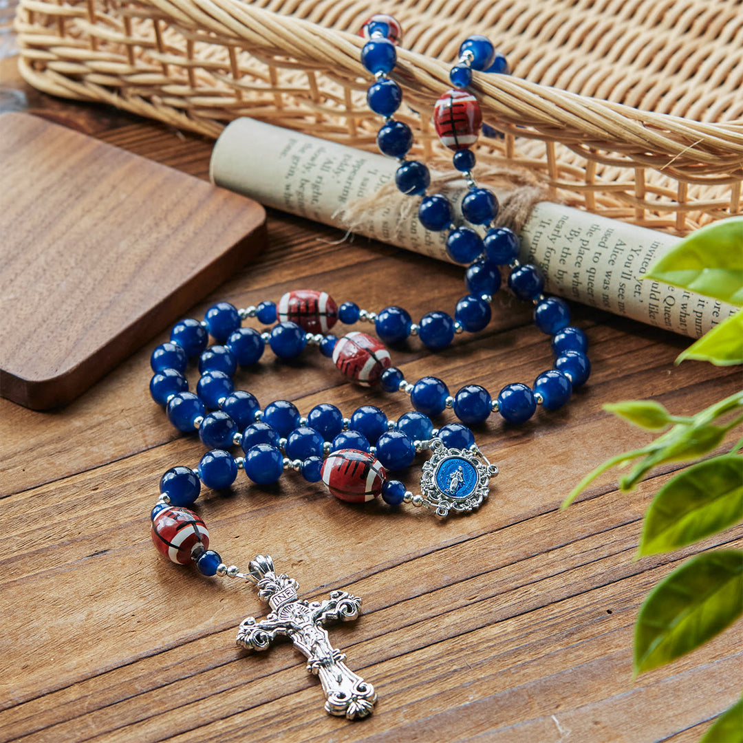Christianartworkshop Chapelet de prière pour le football, perles bleu foncé, médaille miraculeuse et crucifix : unissez foi et sport - image 2