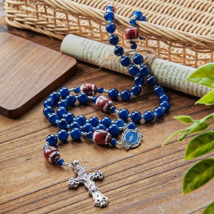 Christianartworkshop Chapelet de prière pour le football, perles bleu foncé, médaille miraculeuse et crucifix : unissez foi et sport - image 2