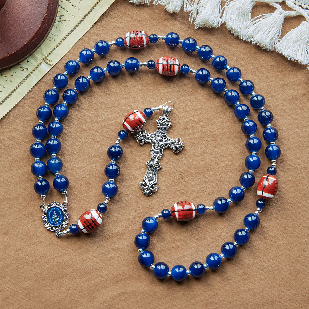 Christianartworkshop Chapelet de prière pour le football, perles bleu foncé, médaille miraculeuse et crucifix : unissez foi et sport - image 1