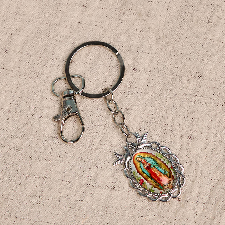 Christianartworkshop Porte-clés médaille Notre-Dame avec motifs de colombes et de fleurs : idéal comme cadeau de baptême - image 3