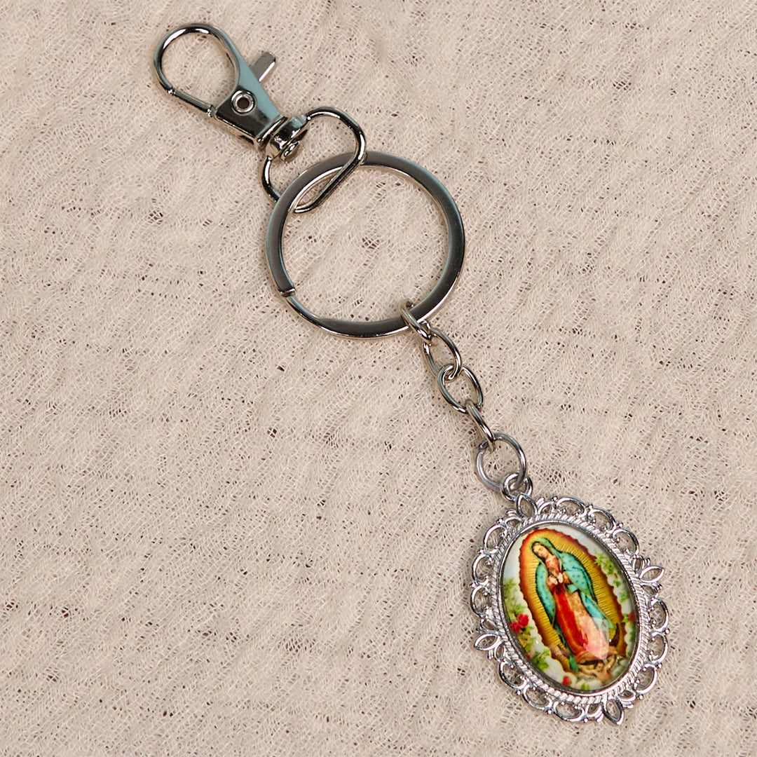 Christianartworkshop Porte-clés médaille Notre-Dame avec motifs de colombes et de fleurs : idéal comme cadeau de baptême - image 8