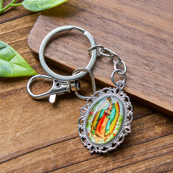 Christianartworkshop Porte-clés médaille Notre-Dame avec motifs de colombes et de fleurs : idéal comme cadeau de baptême - image 5