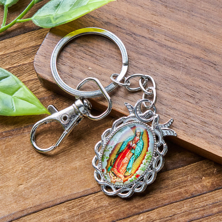 Christianartworkshop Porte-clés médaille Notre-Dame avec motifs de colombes et de fleurs : idéal comme cadeau de baptême - image 1