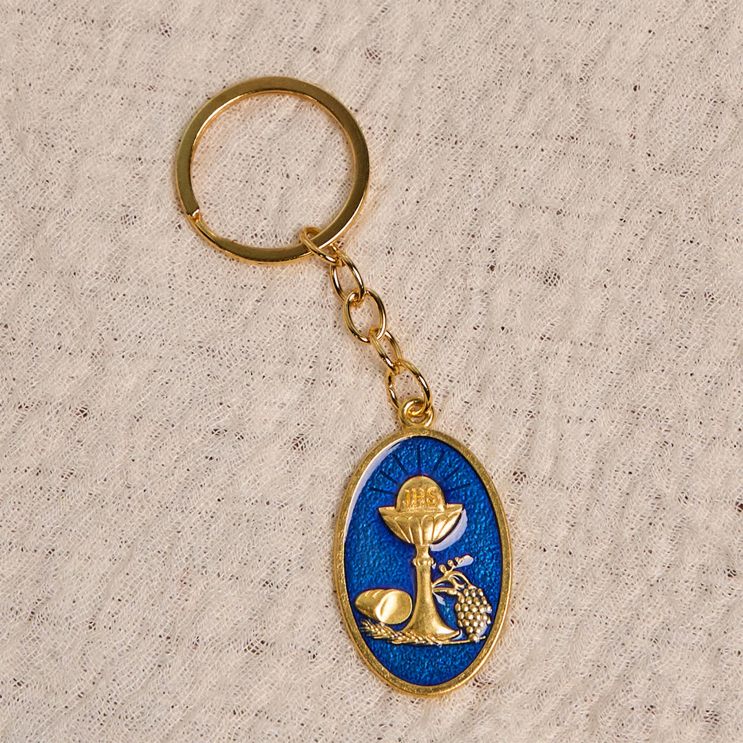 Christianartworkshop Porte-clés médaille calice du Saint Graal rouge et bleu : symbole religieux inspiré - image 6