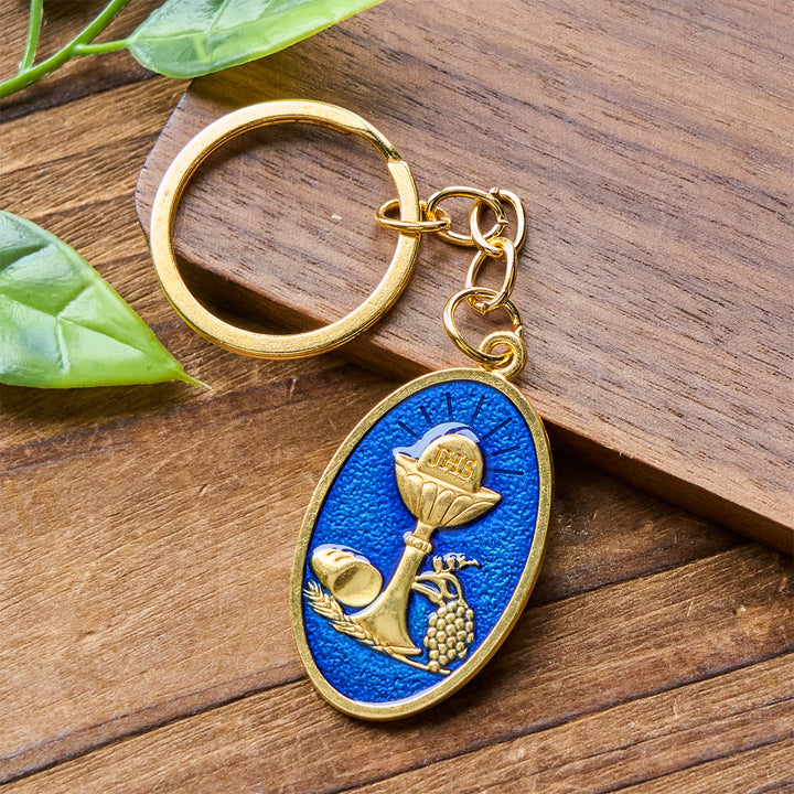 Christianartworkshop Porte-clés médaille calice du Saint Graal rouge et bleu : symbole religieux inspiré - image 2