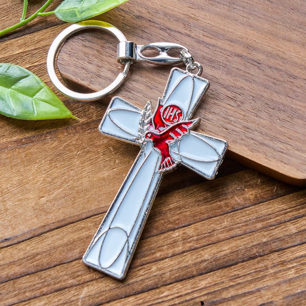 Christianartworkshop Porte-clés Croix Colombe du Saint-Esprit IHS : Deux coloris, motif émaillé apaisant - Croix Blanche - image 1