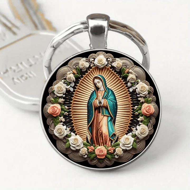 Christianartworkshop Porte-clés pendentif élégant Vierge Marie : Médaille de la Foi et Beauté Florale - Notre Dame - image 0