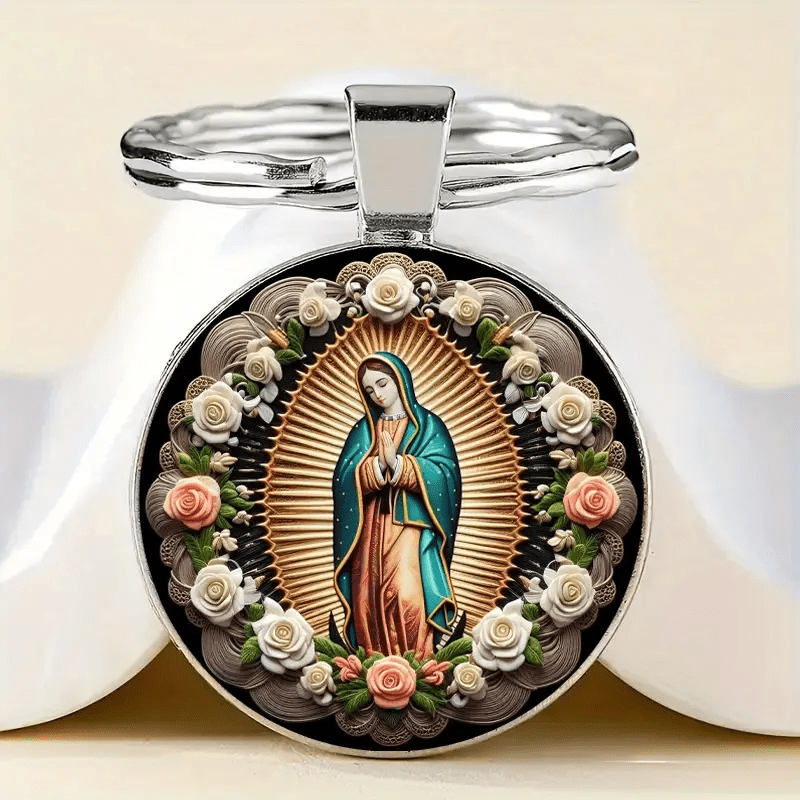 Christianartworkshop Porte-clés pendentif élégant Vierge Marie : Médaille de la Foi et Beauté Florale - image 1