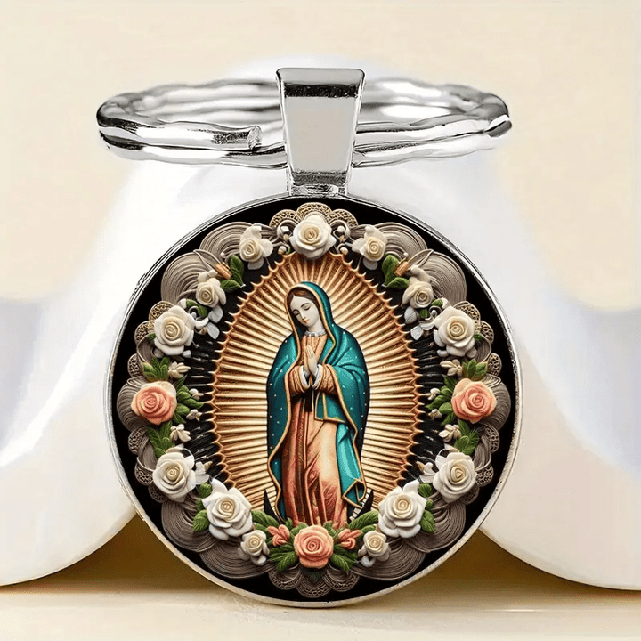 Christianartworkshop Porte-clés pendentif élégant Vierge Marie : Médaille de la Foi et Beauté Florale - image 1