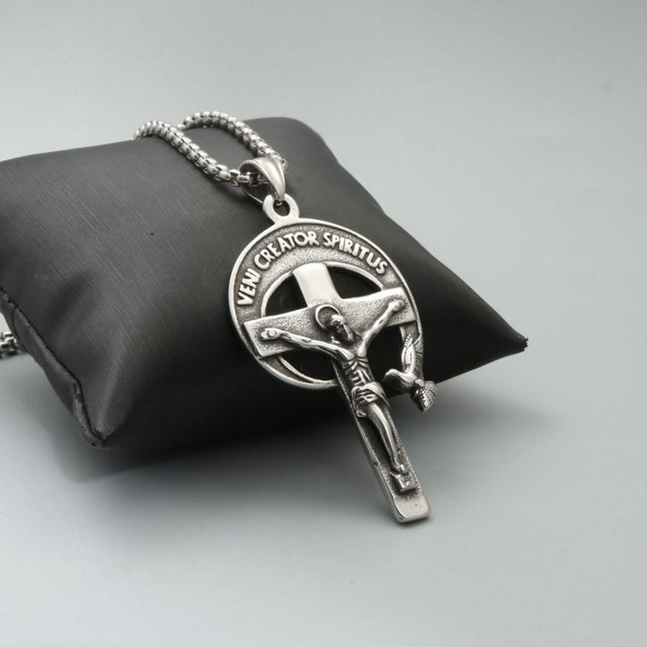 Christianartworkshop Crucifix sacré antique de style rétro avec colombe du Saint-Esprit et Veni Creator Spiritus - Crucifix - image 0