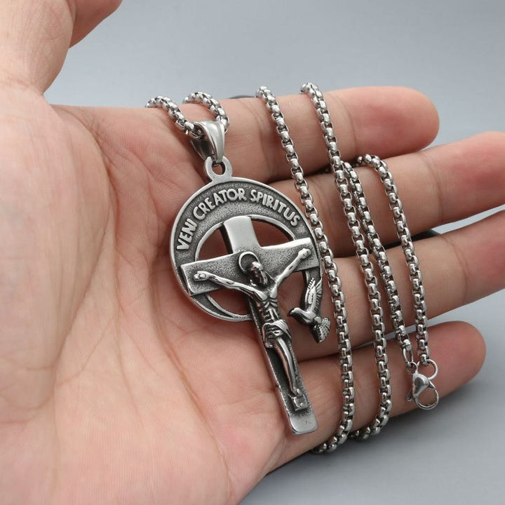 Christianartworkshop Crucifix sacré antique de style rétro avec colombe du Saint-Esprit et Veni Creator Spiritus - image 1