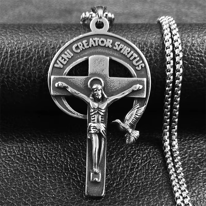 Christianartworkshop Crucifix sacré antique de style rétro avec colombe du Saint-Esprit et Veni Creator Spiritus - image 3